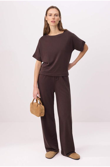 Vizon Wide Leg Short Sleeve Regular Waist Wide Leg Long Soft Touch Knitted Bottom Top Set