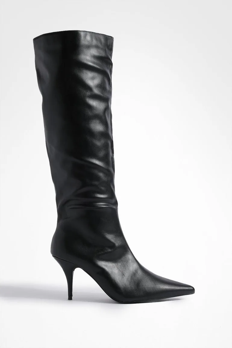 Low Heel Pointed Wide Shaft Boots - black - 2