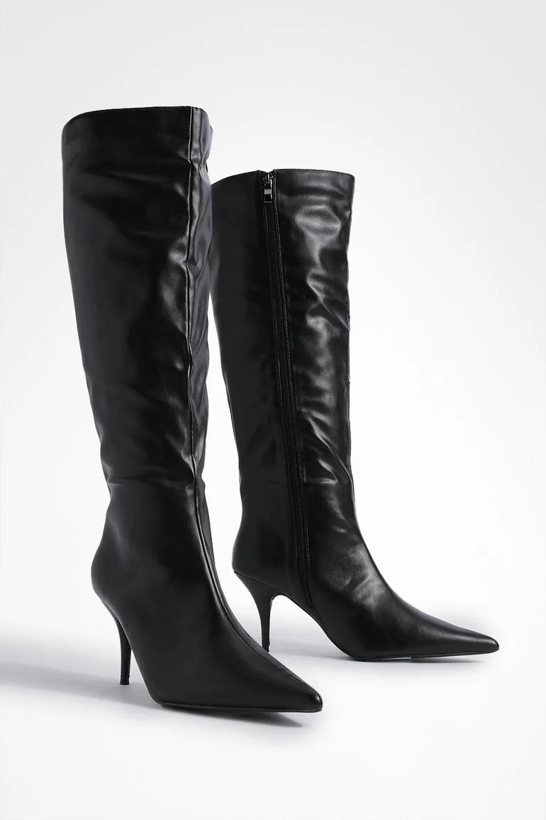 Low Heel Pointed Wide Shaft Boots - black - 1
