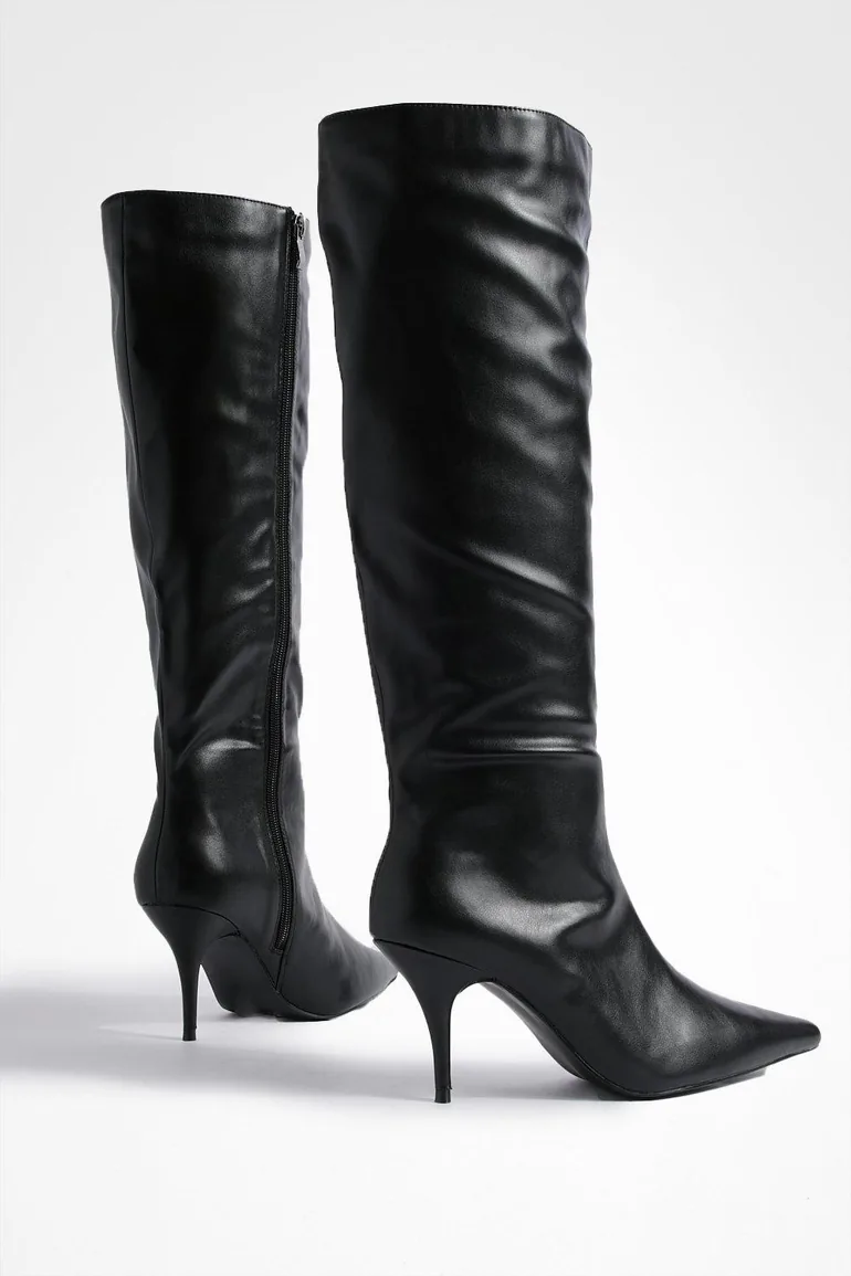 Low Heel Pointed Wide Shaft Boots - black - 3