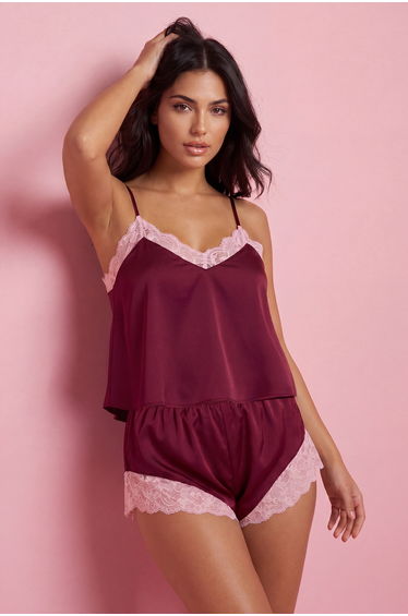 Burgundy Plain Satin Woven Pajamas Set