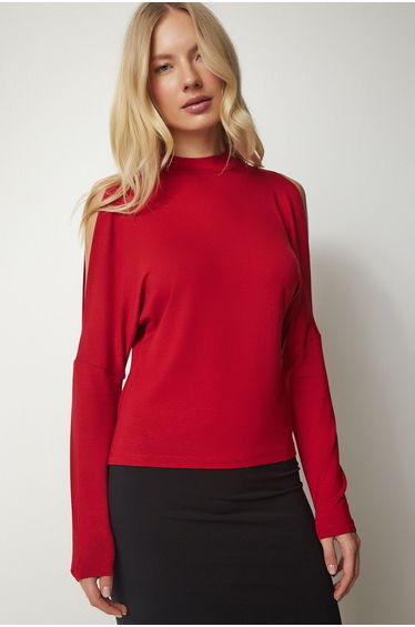 Women's Red Stand-up collar Knitwear Blouse with Decollete
