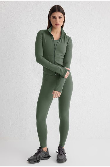Khaki Brushed Soft Fabric Thumb Hole Knitted Sports Jacket/Sweatshirt