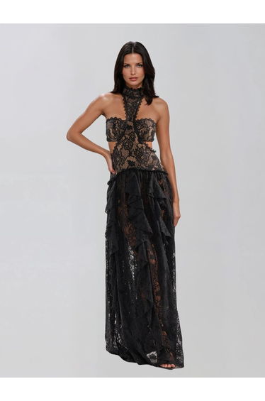 Gavelyn Halterneck Cutout Lace Maxi Dress In Black