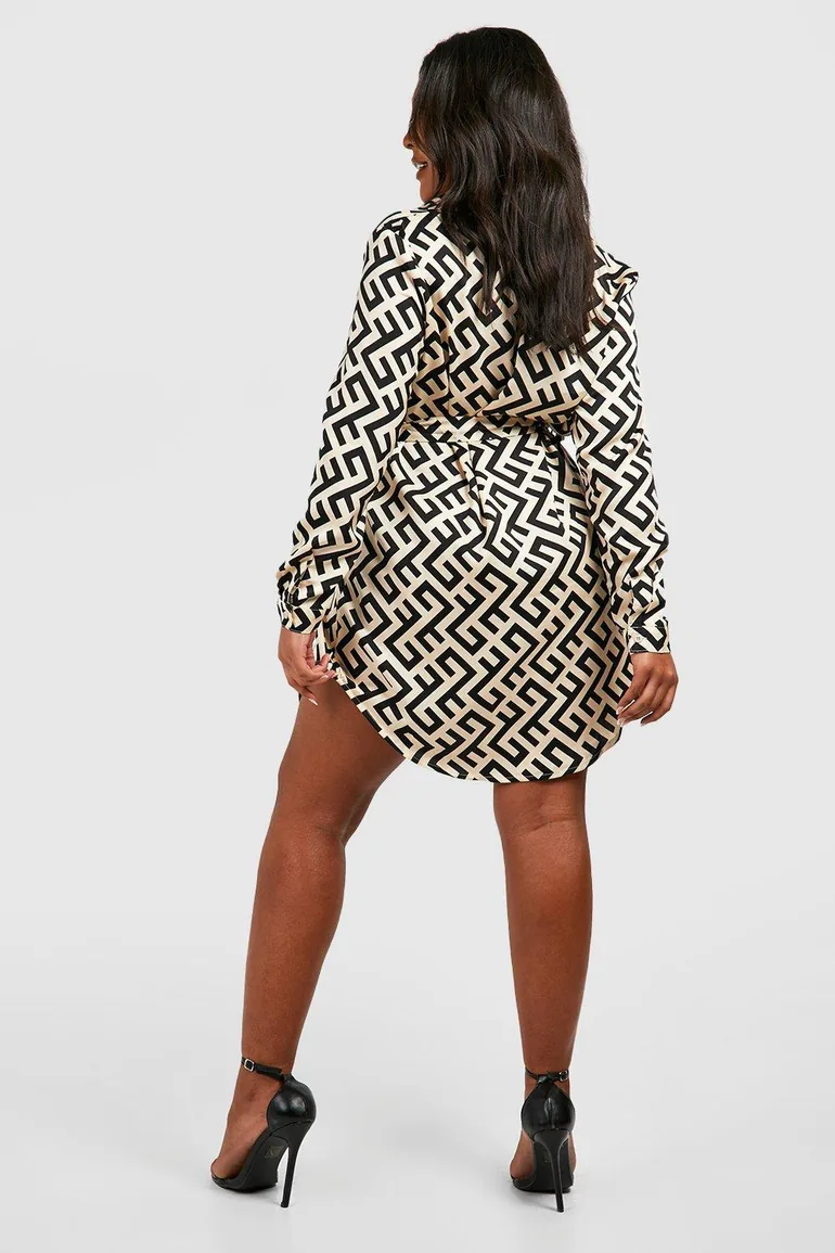 Plus Mono Printed Shirt Dress - black - 1