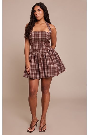 Shape Brown Tartan Woven Bandeau Ruched Skater Mini Dress product thumbnail 3