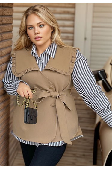 Ruffle Doll Collar Belted Vest in Camel