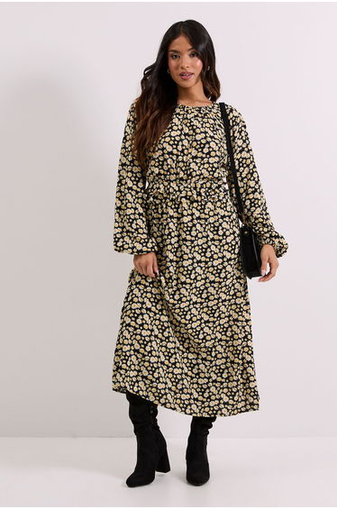 Petite Black Daisy Frill Waist Detail Blouson Sleeve Midi Dres2