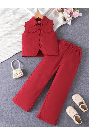 Girls Red Waistcoat and Flare Pants Set