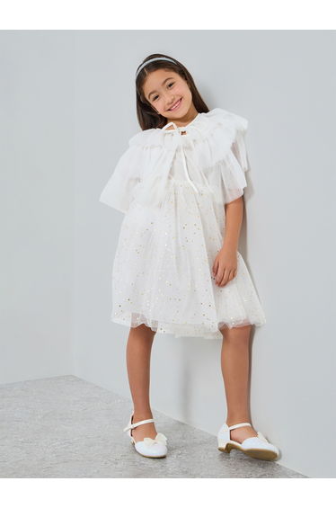 Girls Embellished Strappy Mesh Dress with Tulle Cape