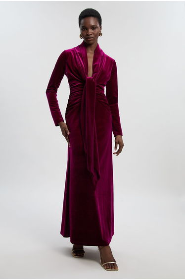 Velvet Long Sleeve Wrap V Neck Maxi Dress