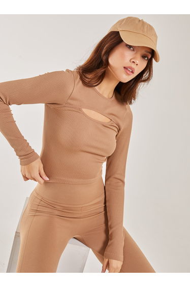 Rib Long Sleeve Cut Out Top