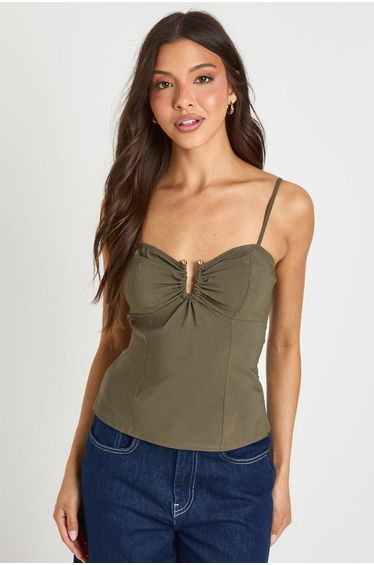 Bengaline Metal Trim Strappy Corset Top - olive