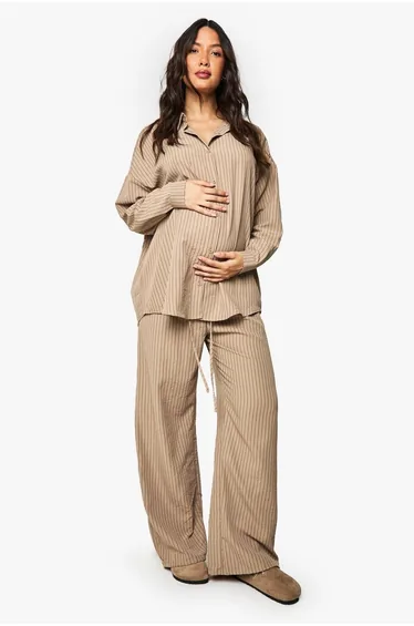 بنطلون مخطط للحوامل لون بيج 