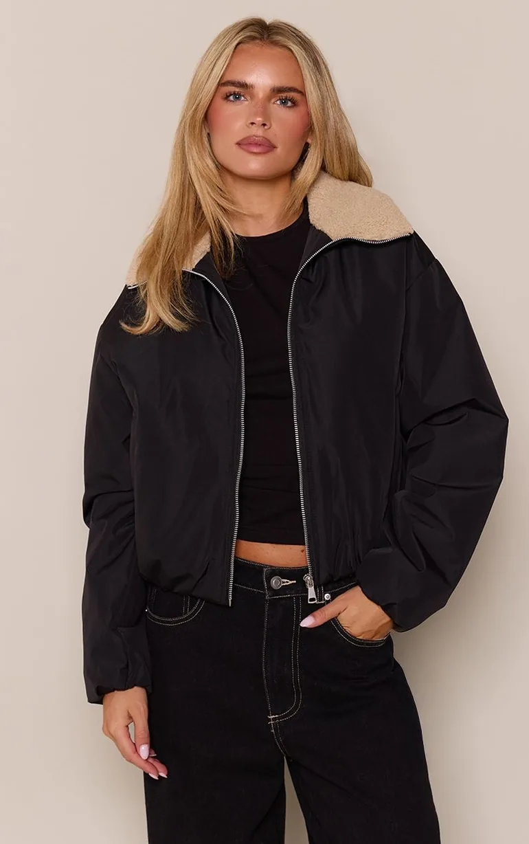 Petite Black Borg Collar Lining Shell Bomber Jacket - 3