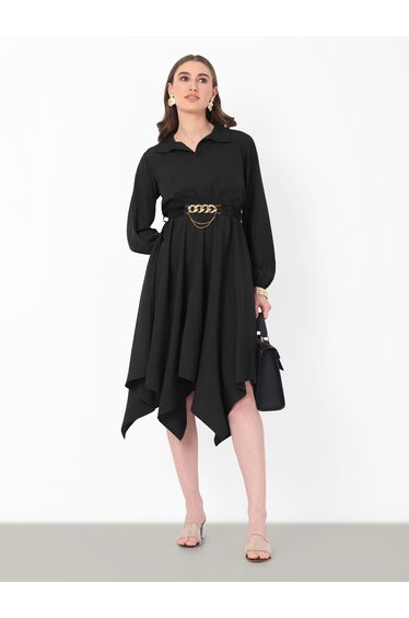 Women Black High-Low Hem Belted Midi Dress