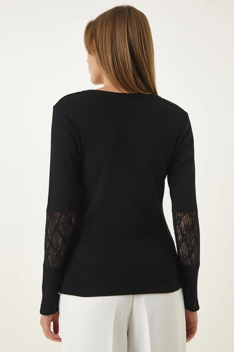 Women's Black Lace Wrap Ribbed Knitted Blouse - 2