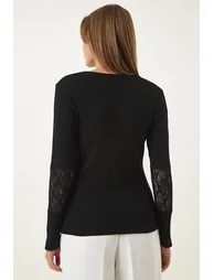 Women's Black Lace Wrap Ribbed Knitted Blouse - 2