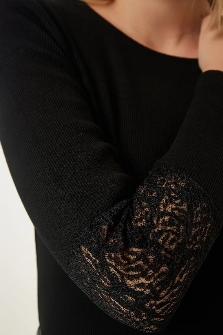 Women's Black Lace Wrap Ribbed Knitted Blouse - 1