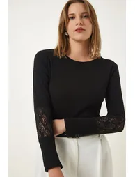 Women's Black Lace Wrap Ribbed Knitted Blouse