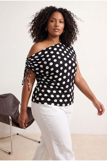 Black Polka Dot Patterned Boat Neck Ruched Detail Knitted Large Size Blouse