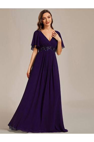 ever IVYROSE|Ruffles Sleeve A-Line Chiffon Waist Applique Maxi Formal Evening Dress