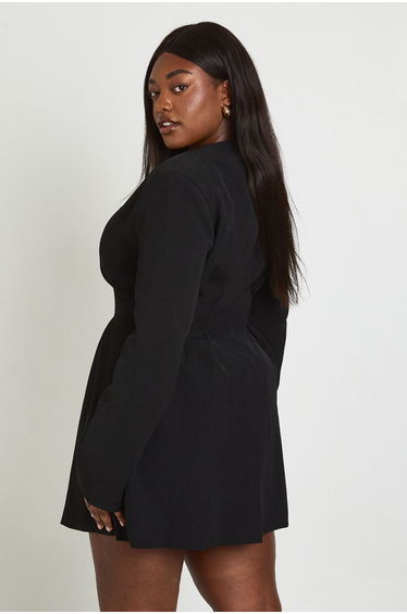 Plus Long Sleeve Collarless Tailored Mini Dress - black product thumbnail 3