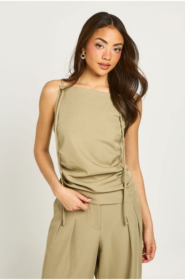 Strap Detail Pleated Tailored Top - khaki