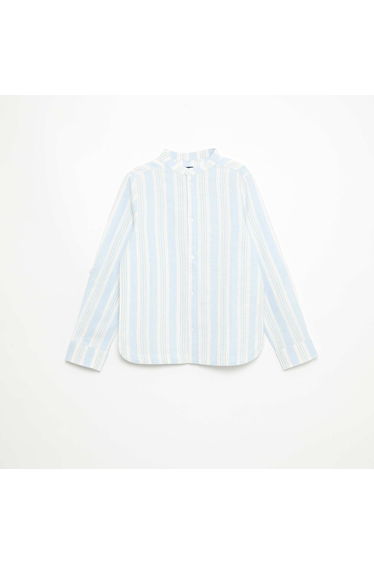 Striped Linen-Cotton Mao Collar Shirt BLUE