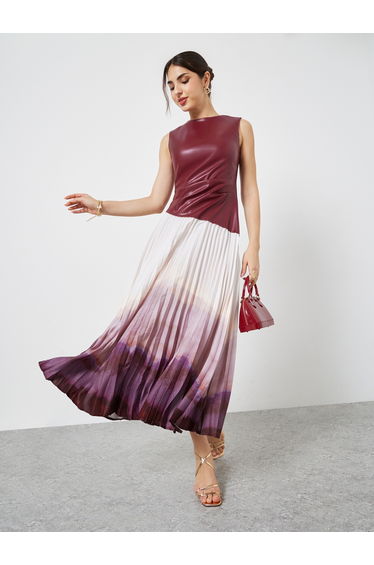 Burgundy Color Block Sleeveless A-Line Maxi Dress