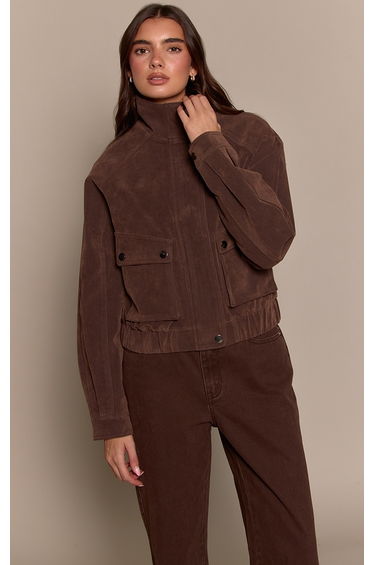 Bitter Chocolate High Neck Utility Pocket Cropped Suede Bomber