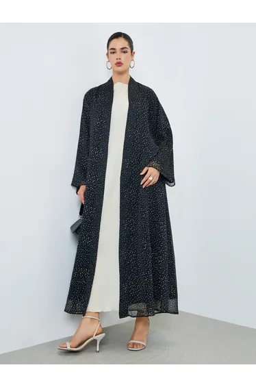 Women Black Polka Dot Chiffon Abaya
