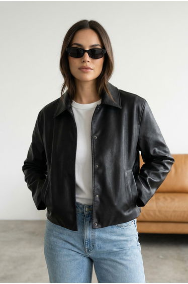 Black Regular Faux Leather Jacket Slim Coats
