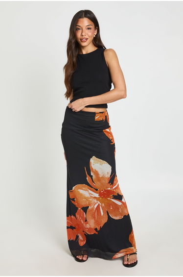 Floral Print Mesh Lined Maxi Skirt - black