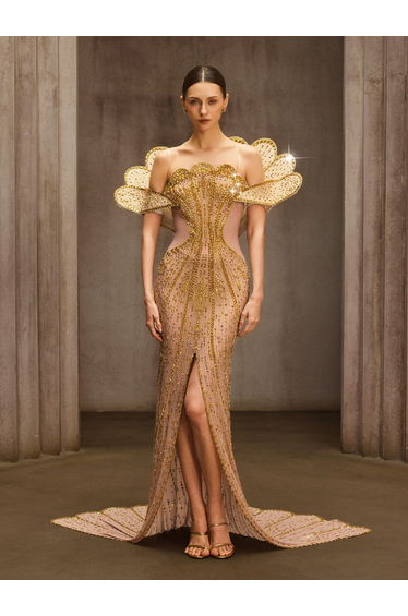 Nesvor Rhinestone Mesh Split Maxi Dress In Gold