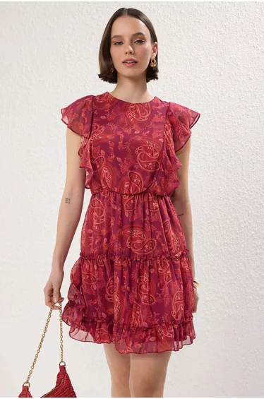 فستان شيفون مبطن بكشكش - أحمر