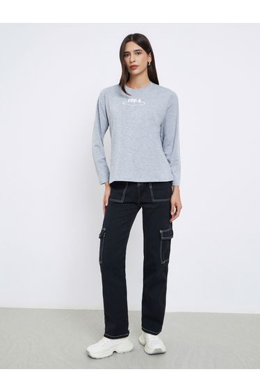 Grey Embroidered Long Sleeve T-Shirt