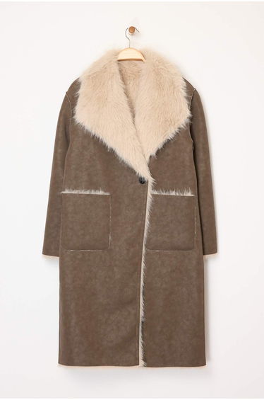 Mink-Ecru Double-Sided Fur Mono Closure Oversize Long Suede Coat