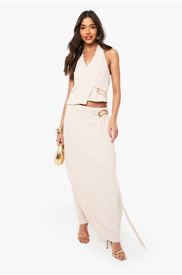 Gold Buckle Tie Detail Maxi Skirt - stone