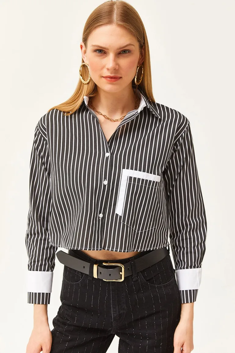 Women's Black and White Pocket and Cuff Detail Striped Crop Shirt - 1