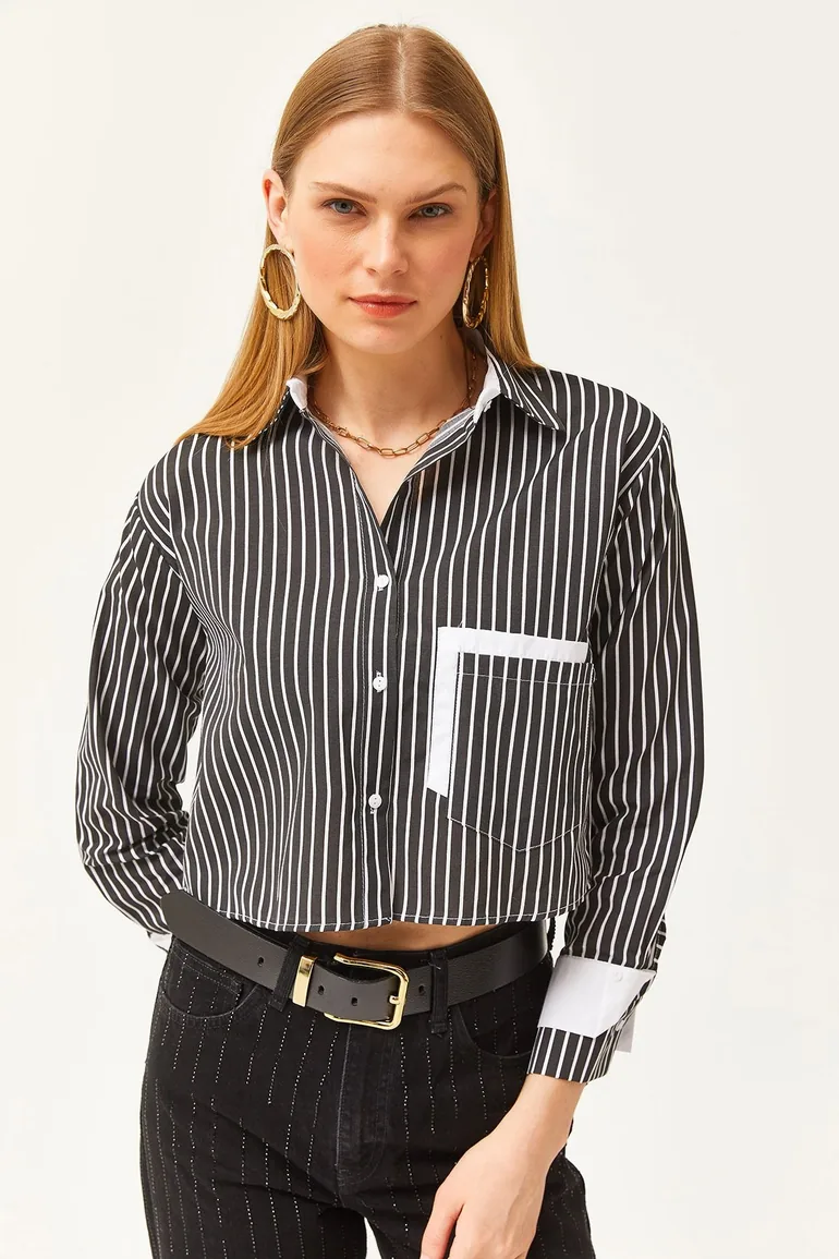 Women's Black and White Pocket and Cuff Detail Striped Crop Shirt