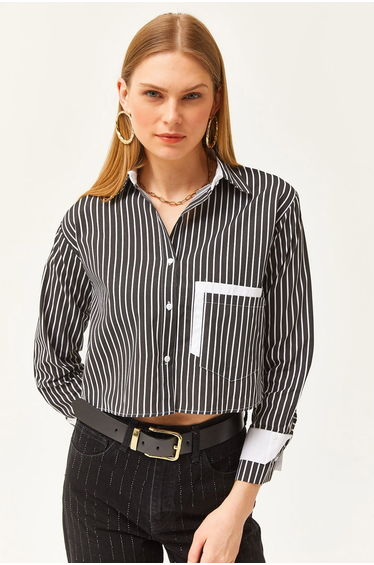 Women's Black and White Pocket and Cuff Detail Striped Crop Shirt