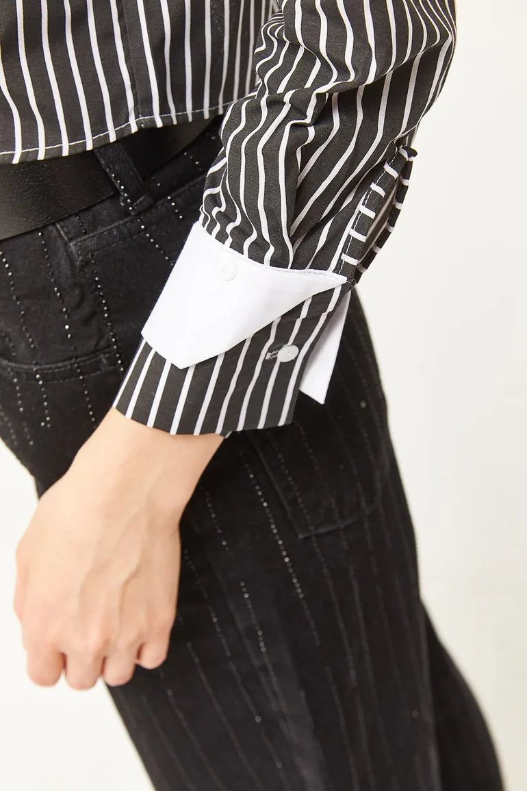 Women's Black and White Pocket and Cuff Detail Striped Crop Shirt - 2