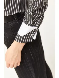 Women's Black and White Pocket and Cuff Detail Striped Crop Shirt - 2