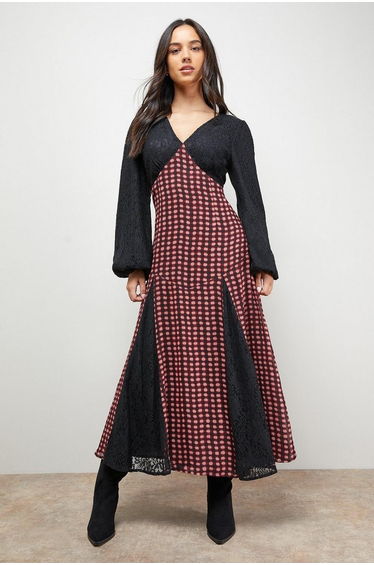 Check Contrast Panel Midaxi Dress