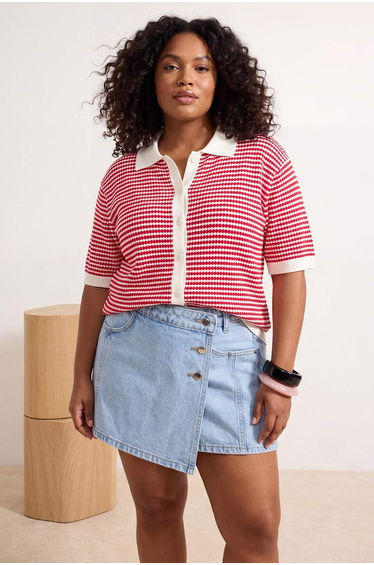 Red Polo Collar Striped Knitwear Blouse