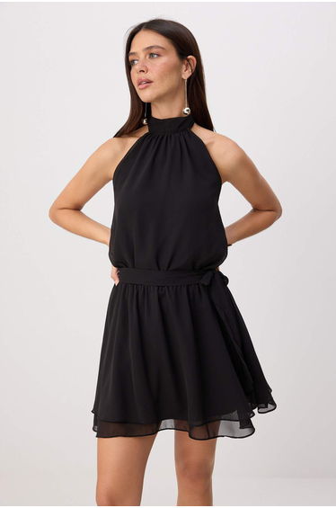 Black Chiffon Lined Mini Woven Dress