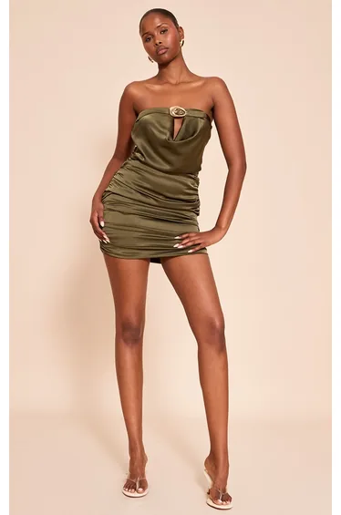 Dark Khaki Satin Bandeau Ruched Belt Trim Detail Mini Dress