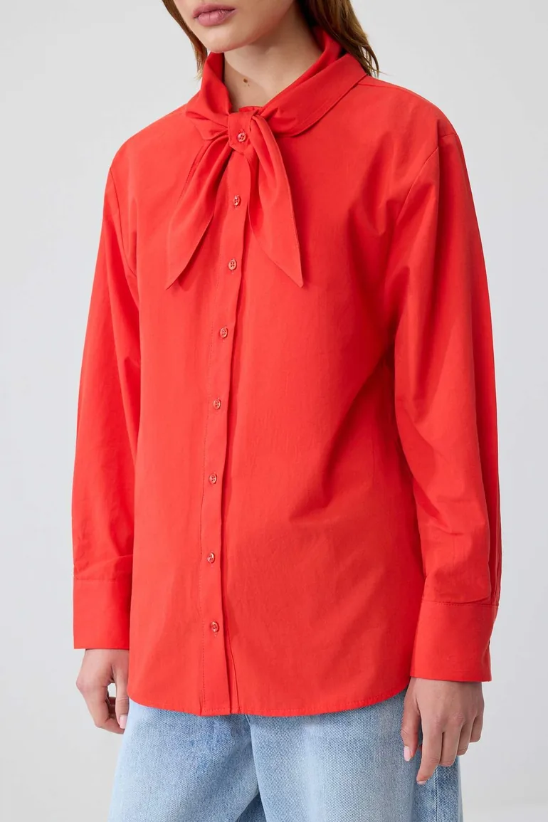 Red Cotton Collar Bow Tie Wide Fit Poplin Shirt - 2