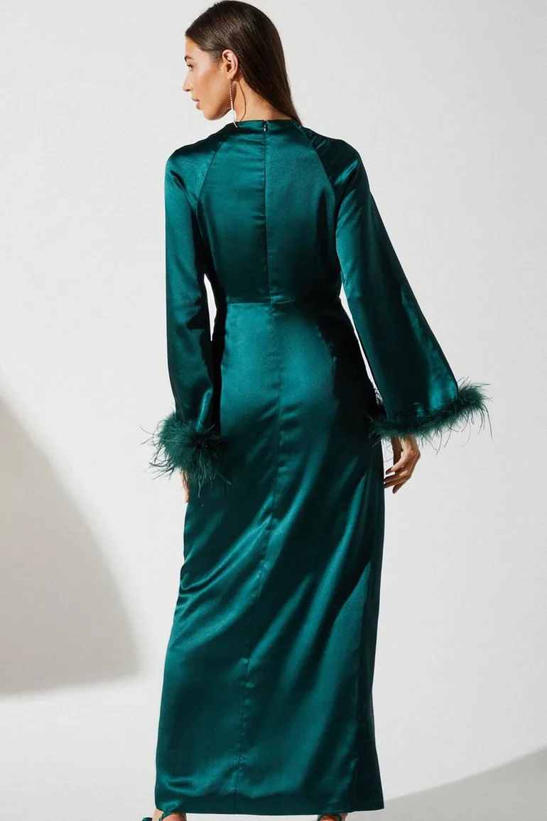 Feather Trim Satin Maxi Dress - 2